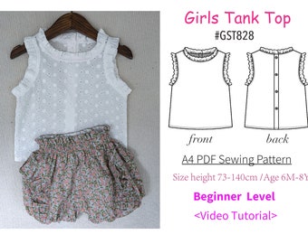 Video Tutorial-Girls Cotton/Linen Summer Tank Top PDF Sewing Pattern #GST828-digital PDF file-Size73-140/Age6M-8Y