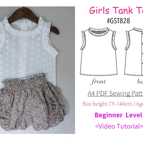 Tutoriel vidéo - Débardeur d'été en coton/lin pour filles - Patron de couture PDF #GST828 - Fichier PDF numérique - Taille73-140/Age6M-8Y