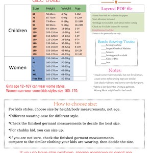 May include: Size chart for children's and women's clothing with measurements in centimeters and kilograms. The chart includes size, height, weight, and age. The chart also includes instructions on how to choose the right size for kids' clothing.
