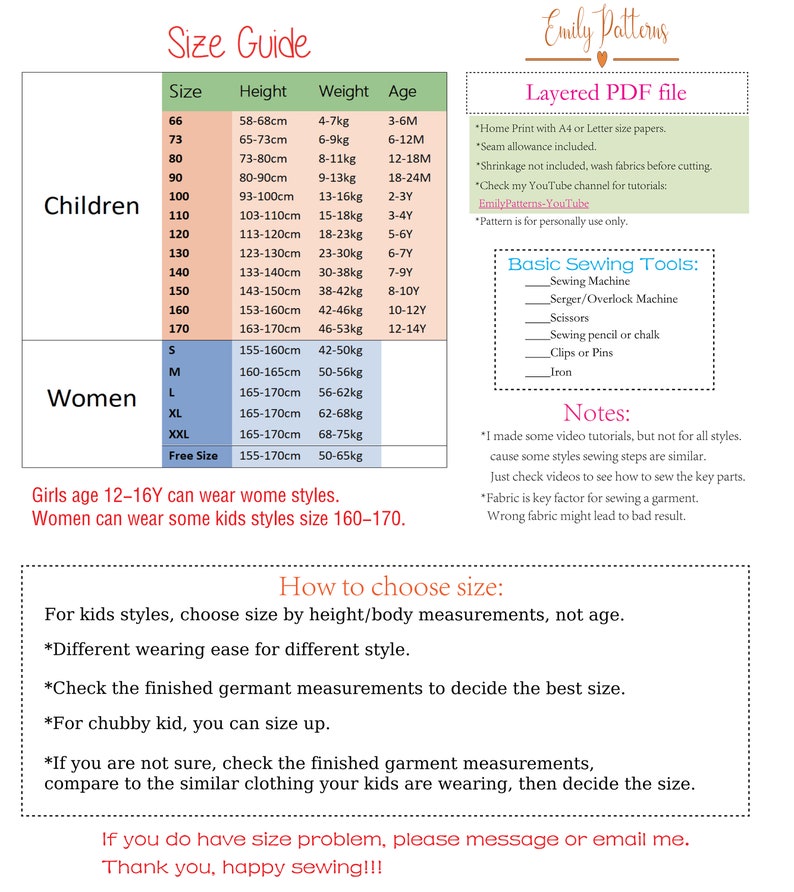 May include: Size chart for children's and women's clothing with measurements in centimeters and kilograms. The chart includes size, height, weight, and age. The chart also includes instructions on how to choose the right size for kids' clothing.