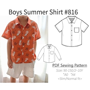 Könnte beinhalten: Orangenes Sommerhemd mit Ananasmuster, kombiniert mit weißen Shorts. Das Bild enthält technische Zeichnungen des Hemdes und ein PDF-Schnittmuster mit Größenangaben. Der Text lautet "Boys Summer Shirt #816".