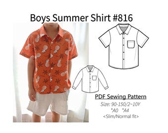 Boys Summer Shirt #816 slim fit-PDF Sewing Pattern-digital PDF files-Size90-150/Age2-10Y-with video tutorial