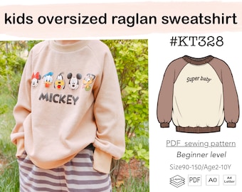 Kids Girls Boys Oversized Raglan Sweatshirt PDF Sewing Pattern #KT328-digital PDF file-Size90-150/Age2-10Y