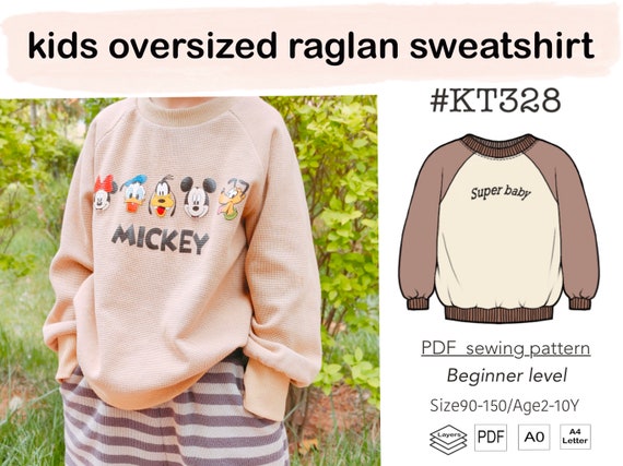 Kids Girls Boys Oversized Raglan Sweatshirt PDF Sewing Pattern #KT328-digital PDF file-Size90-150/Age2-10Y