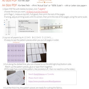 May include: A printable PDF pattern for a sewing project. The image shows a layout of the pattern pieces on A4 paper. The instructions include cutting along dotted lines and matching up the pieces. The text also includes a link to a YouTube channel for additional help.