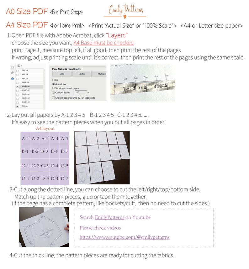 May include: A printable PDF pattern for a sewing project. The image shows a layout of the pattern pieces on A4 paper. The instructions include cutting along dotted lines and matching up the pieces. The text also includes a link to a YouTube channel for additional help.
