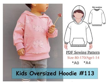 Kids Oversized Sweatshirt Hoodie 113-PDF Sewing Pattern for baby/girls/boys-Size80-170/Age1-14Y-size A4/letter/A0 pdf-video tutorial
