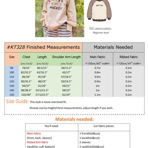 May include: A sewing pattern for a kids' oversized raglan sweatshirt with a Mickey Mouse design. The pattern includes instructions for cutting and sewing the fabric. The pattern is available in sizes 90-150 cm.