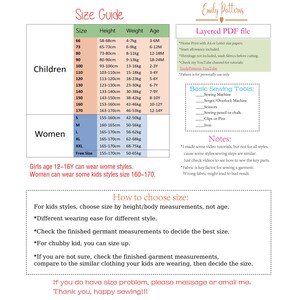 May include: Size chart for children and women's clothing with measurements in centimeters and kilograms. The chart includes sizes, height, weight, and age. The chart also includes a section on how to choose the right size for kids' clothing.