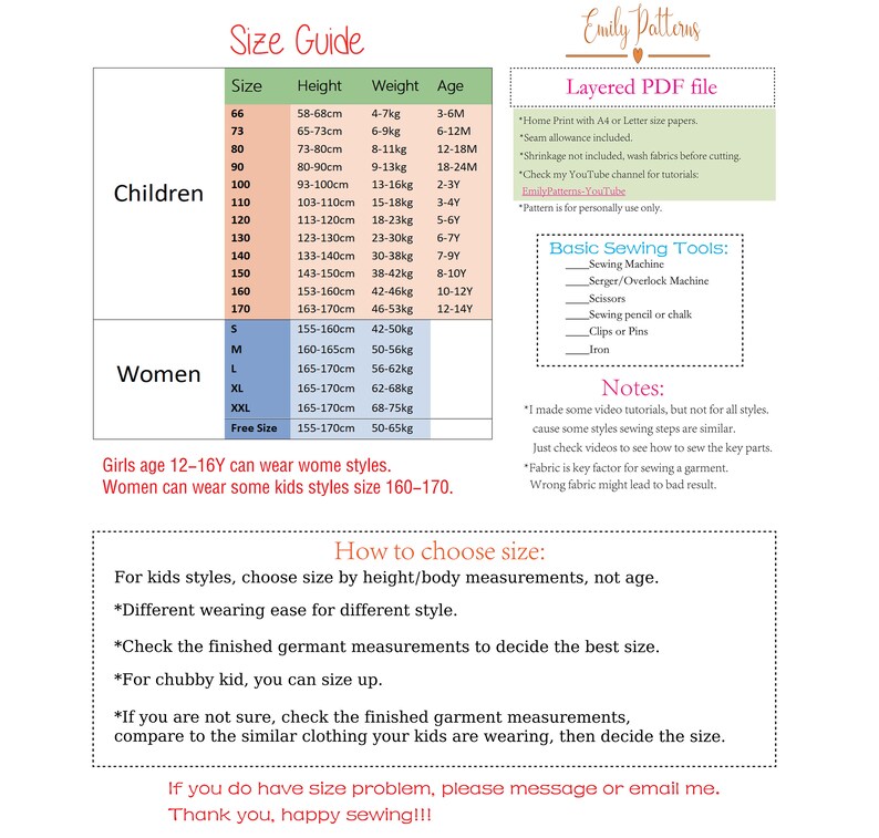 May include: Size chart for children and women's clothing with measurements in centimeters and kilograms. The chart includes sizes, height, weight, and age. The chart also includes a section on how to choose the right size for kids' clothing.