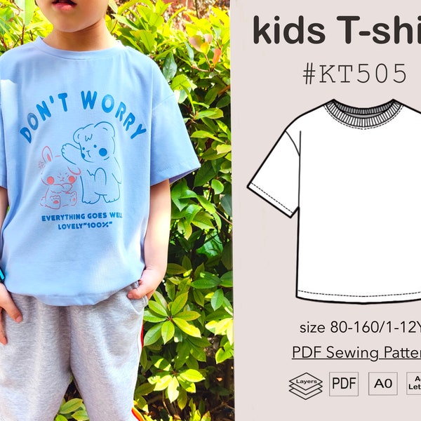 Kids Girls Boys Drop Shoulder T-shirt PDF Sewing Pattern #KT505-digital PDF file-Size80-160/Age1-12Y-with video tutorial