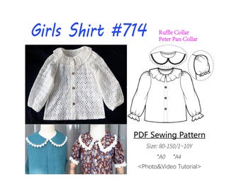Camisa para niña n.° 714 con cuello Peter Pan y volantes (patrón de costura en PDF digital) con videotutorial y foto.