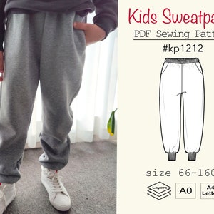 Test Pattern/On-sale Pattern-Kids Girls Boys Sweatpants PDF Sewing Pattern #KP1212-digital PDF file-Size66-160/Age3M-12Y-with video tutorial