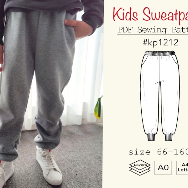 Test Pattern/On-sale Pattern-Kids Girls Boys Sweatpants PDF Sewing Pattern #KP1212-digital PDF file-Size66-160/Age3M-12Y-with video tutorial