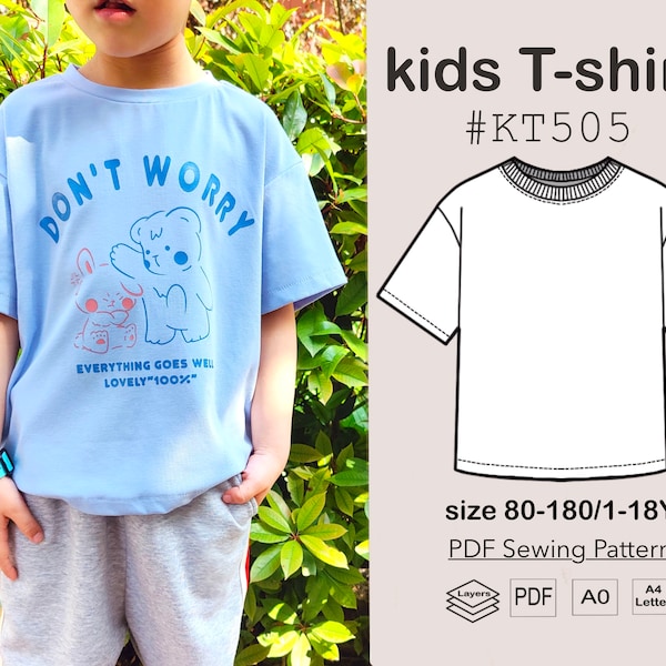 Kids Girls Boys Teenager Drop Shoulder T-shirt PDF Sewing Pattern #KT505-digital PDF file-Size80-180/Age1-18Y-with video tutorial
