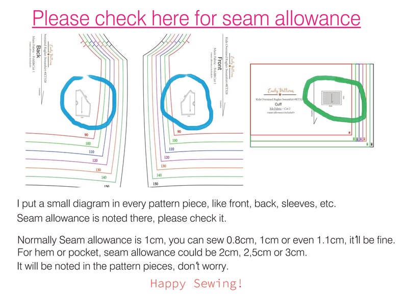 May include: A diagram showing seam allowance for a sewing pattern. The diagram includes lines for different sizes, with circles highlighting the seam allowance for the front, back, and cuff pieces. The text reads "Please check here for seam allowance" and "Happy Sewing!"