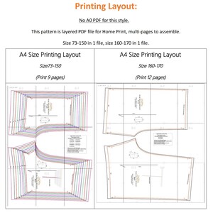 May include: A diagram showing how to print a sewing pattern on A4 paper. The pattern is for sizes 73-150 and 160-170. The smaller size requires 9 pages and the larger size requires 12 pages.