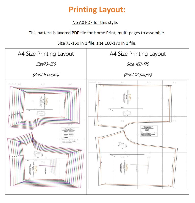 May include: A diagram showing how to print a sewing pattern on A4 paper. The pattern is for sizes 73-150 and 160-170. The smaller size requires 9 pages and the larger size requires 12 pages.