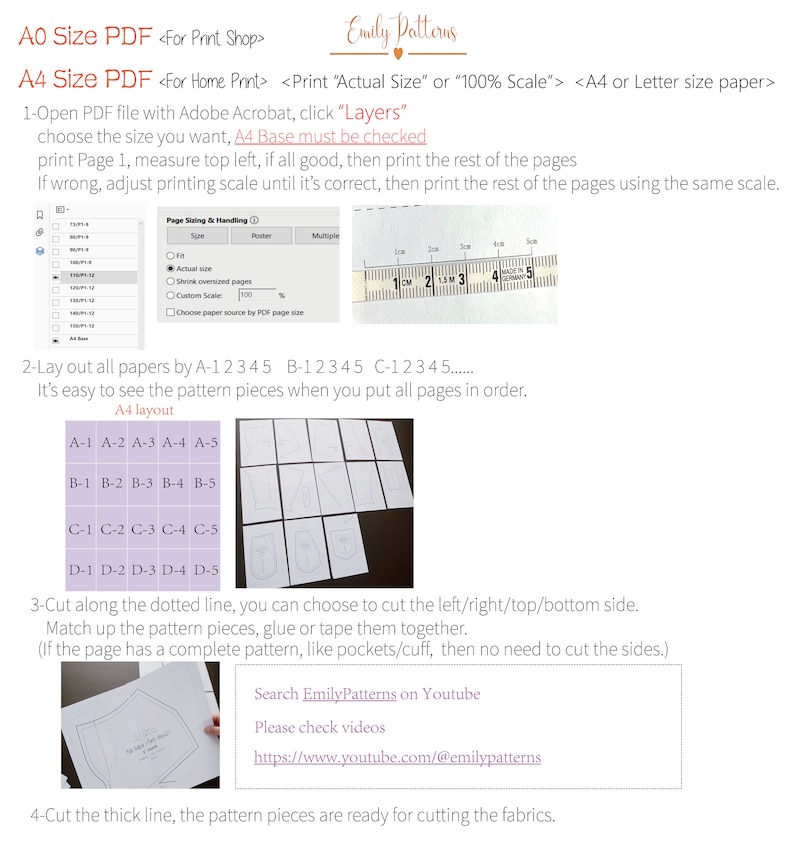 May include: Instructions for printing and assembling a sewing pattern. The image shows a ruler, a page layout diagram, and a close-up of a pattern piece. The text includes the phrase "A4 Base must be checked".
