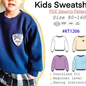 Kids Girls Boys Oversized Sweatshirt PDF Sewing Pattern #KT1206-digital PDF file-Size80-160/Age1-12Y