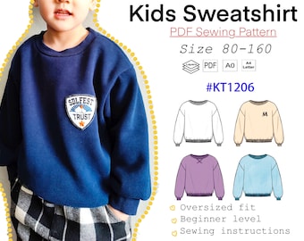 Kids Girls Boys Oversized Sweatshirt PDF Sewing Pattern #KT1206-digital PDF file-Size80-160/Age1-12Y