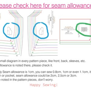 May include: A diagram showing seam allowance for a sewing pattern. The diagram includes lines for different sizes, with circles highlighting the seam allowance for the front, back, and cuff pieces. The text reads "Please check here for seam allowance", "I put a small diagram in every pattern piece, like front, back, sleeves, etc. Seam allowance is noted there, please check it.", "Normally Seam allowance is 1cm, you can sew 0.8cm, 1cm or even 1.1cm, it1l be fine. For hem or pocket, seam allowance could be 2cm, 2,5cm or 3cm. It will be noted in the pattern pieces, don't worry.", and "Happy Sewing!"