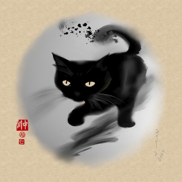 Peinture Sumi-e Chat brumeux (impression d'art) par C. Hitoshi - Impression sans cadre-