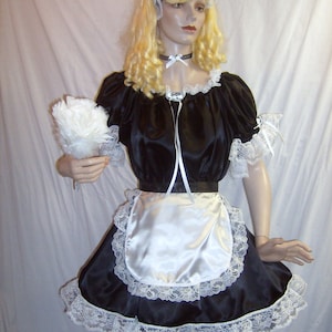 Adult Black or Pink Satin and Lace French Maid Costume Easy Fit 4 Pieces Frilly Lacey Sissy Baby Cosplay Costume