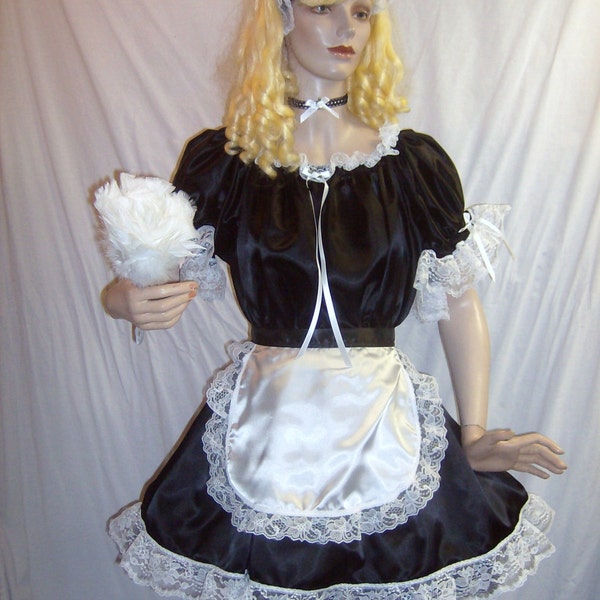 Adult Black or Pink Satin and Lace French Maid Costume Easy Fit 4 Pieces Frilly Lacey Sissy Baby Cosplay Costume