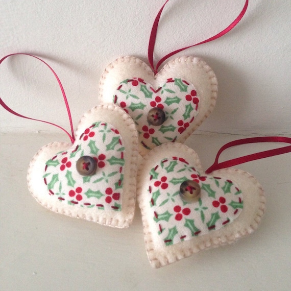 Set of three heart-shaped felt christmas decorations with | Etsy