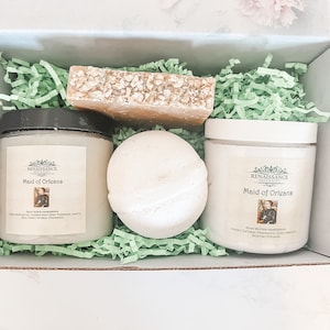 Maid of Orleans Spa Gift Set: Oatmeal, Honey, and Goat's Milk  - Handmade Soap, Body Butter, Bath Bomb, Body Scrub
