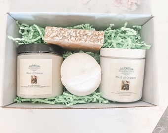 Set de regalo de spa con avena, miel y leche de cabra: jabón artesanal, exfoliante y más