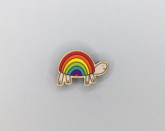 Rainbow Tortoise / 30mm Wooden Pin Badge / Tortoise Gifts / Tortoise Accessories / Turtle Buttons / Eco Friendly Pin Badge