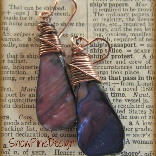 Antiqued Copper Wrapped Purple Mother of Pearl Triangular Drop Earrings