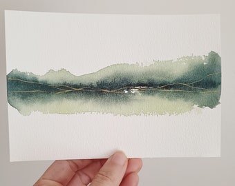 Miniatur Aquarell Malerei original Kunstwerk smaragd grün Original dekorative mini Kunst Geschenk für ihn Geschenk für Papa Minimal Abstrakt