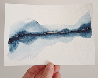 Miniatur Aquarell Malerei Ozean original Seelandschaft indigo blau dekorative mini Aquarell Gemälde für ihn Made to Order Geschenk für Papa Minimal