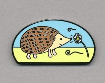 Hedgehog Badge Hard Enamel Lapel Pin - Cute Hedgehog and Daisy