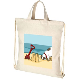 Cartoon Beach Dog Tragetasche mit Kordelzug Baumwollrucksack mit Seaside Design
