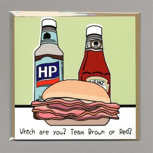 Équipe rouge ou marron ? Carte de voeux drôle de bacon et de butty - Lettre standard au Royaume-Uni
