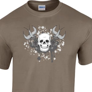 TShirt Tattoo Style Skull Tee Greyscale with Roses & Swallows - Bold Graphic Tee - 100% Cotton Shirt - Gift For Him Gift For Her