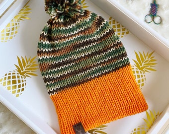 Camouflage Knit Beanie - Slouch Hat - Double Knit Beanie - Camo Beanie - Pompom Beanie
