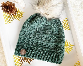 Green Crochet Beanie - Slouch Hat - Green Beanie - Crochet Hat - Pompom Beanie