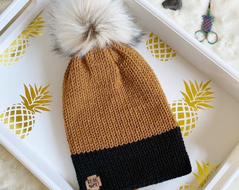 Knit Coffee Lover Beanie - Camel & Black Slouch Hat with Pom