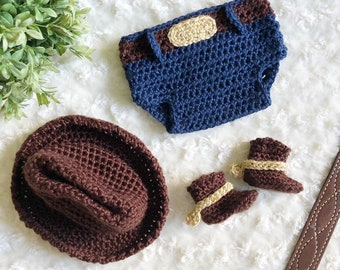 Woody Crochet Baby Set - Woody Photo Prop - Crochet Cowboy Hat - Crochet Diaper Cover - Crochet Boots