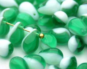 50%off 6x9 Teardrop Beads Festive Holiday Green and White Czech Glass Beads for Jewelry Making Christmas Candy Cane Inspired *