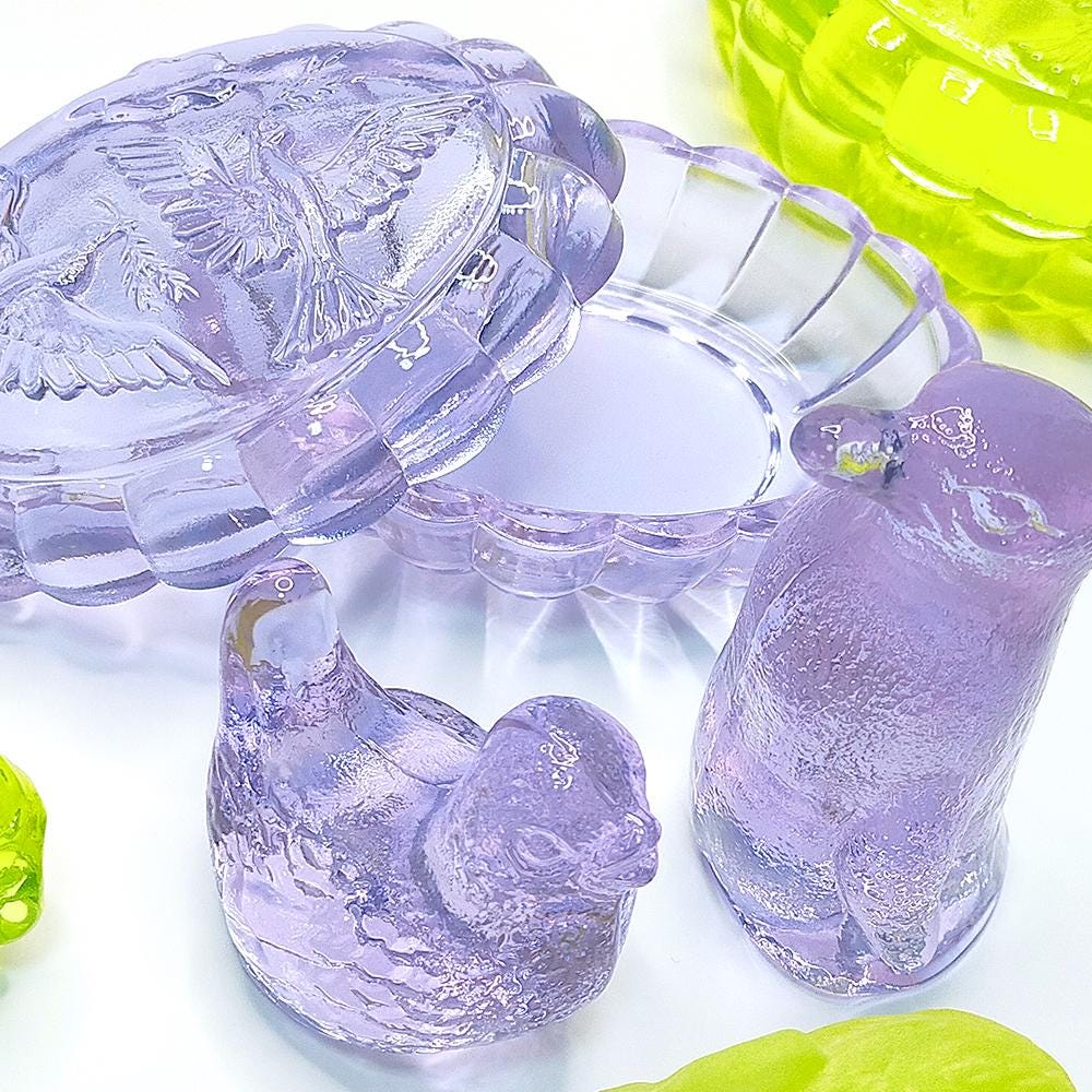 Czech Alexandrite Neodymium Glass Figurines – Color Changing Purple Blue Birds, Doves, Penguin