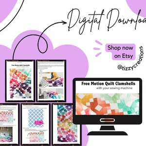 Op de afbeelding: Een digitale downloadgids voor free-motion quilt-schelppatronen met een computermonitor die de titel en een kleurrijk quiltpatroon toont, naast verschillende geprinte instructiepagina's met diagrammen en foto's van het quiltproces.