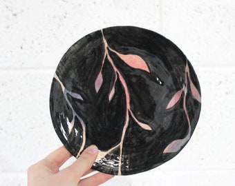 Handmade Ceramic Plate - Black and Pink Hand Painted Leaf Vine Plate