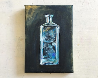 Original Painting - Small Blue Bottle on 5 x 7 inch canvas - Mudlarking, Witch, Potion, Magic, Cabinet of Curiosities, Sea Glass