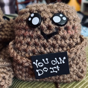 May include: A brown crocheted plush toy with big black eyes and a white smiling mouth. The toy is holding a black sign that says "You Can Do It".